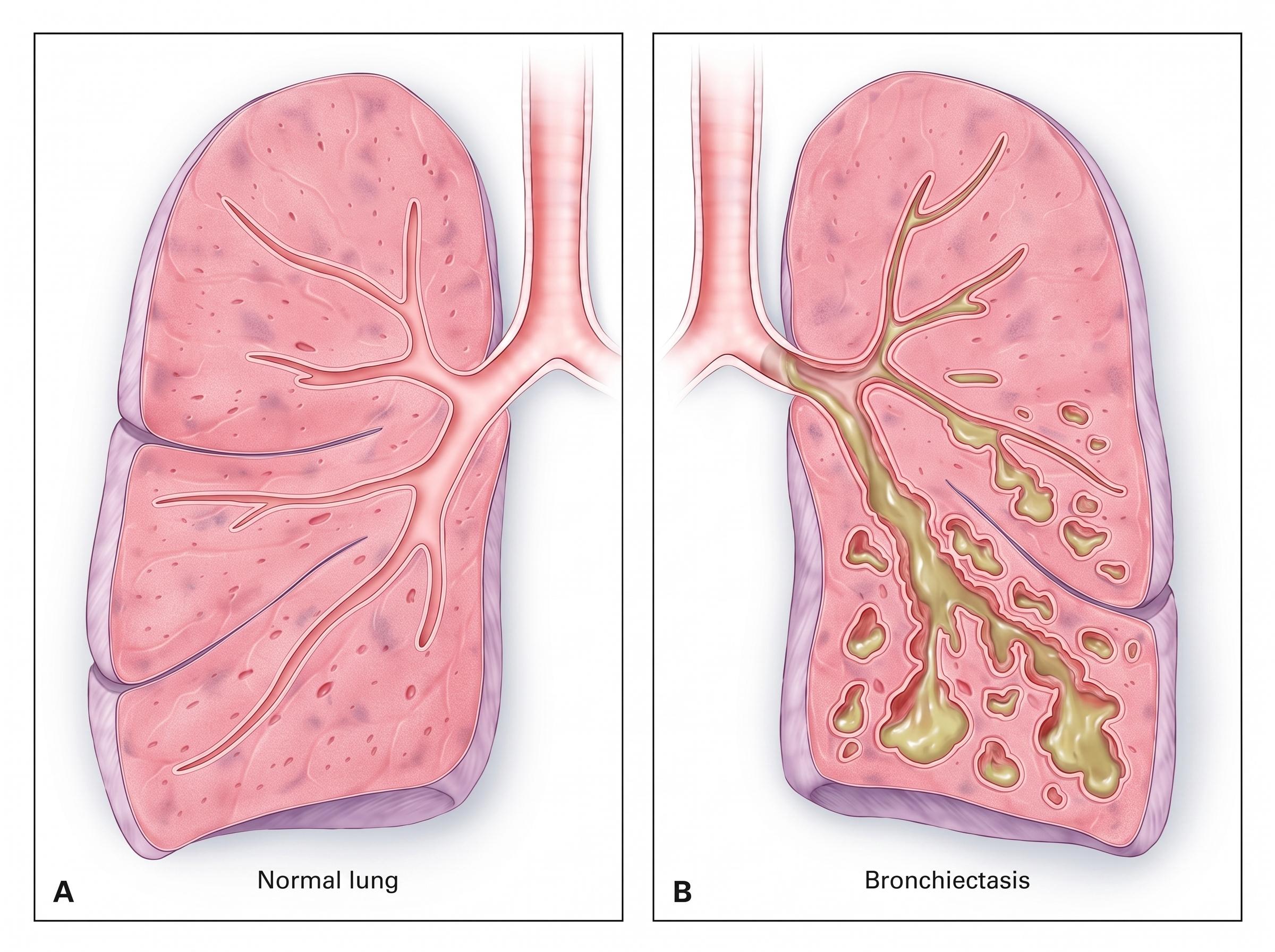 Bronchiectasis
A long-term condition in which the airways become abnormally widened and damaged, causing persistent cough and mucus production.